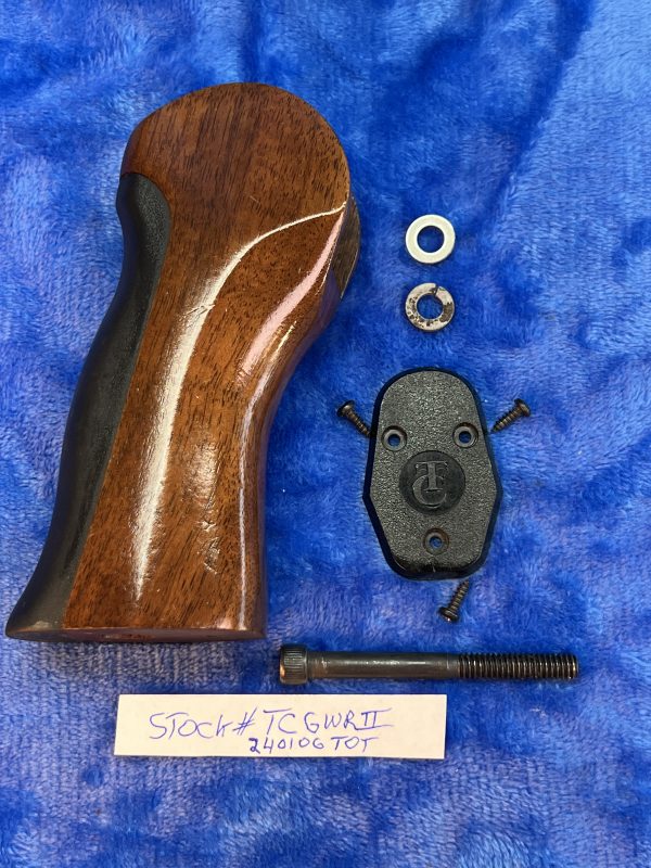 Exploded view of a Walnut Rubber Grip for Contender and its hardware